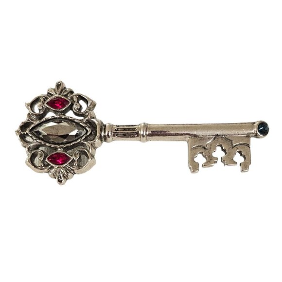 1928 Brand Red Blue Rhinestone Silver Tone Key Brooch Pin L259 - Picture 10 of 10
